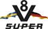 Schwarzes V8 Super Logo mit schwedischer und deutscher Flagge.