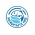 Blau-wei�es kreisf�rmiges Symbol mit Fisch und Wellen, Aufschrift 