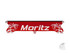 Rotes LED-Namensschild mit wei�em "Moritz" Schriftzug und Vogelmotiven an den Seiten, befestigt mit Saugn�pfen.