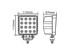 Vorder- und Seitenansicht einer quadratischen LED-Arbeitslampe mit 16 LEDs und Befestigung. Ma�e: 110x110x57mm.