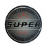 Runder grauer Epoxi Nabensticker mit schwarzem "SUPER" Schriftzug, roten Sternen und "THE LEGENDARY CHARGED DIESEL" Text.