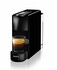 Kompakte schwarze Nespresso Essenza Kaffeemaschine von Krups mit einer Tasse Espresso und transparentem Wassertank.