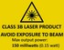 Gelbes Warnschild f�r Laserprodukt mit schwarzem Lasersymbol. Text: CLASS 3B LASER PRODUCT, AVOID EXPOSURE TO BEAM, 150 milliwatts.