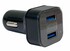 Schwarzes USB-Schnellladeger�t f�r den Zigarettenanz�nder mit zwei blauen USB-Anschl�ssen und Display.