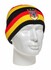 Gestreifte Strickm�tze in Schwarz, Rot und Gelb mit Germany-Wappen auf wei�em Mannequin-Kopf.