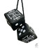 Ein Paar schwarze Kunstleder-W�rfel mit wei�em "Oldskool" Kreuz-Stick und W�rfelpunkten, an einer Schnur h�ngend.
