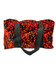 Gro�e Reisetasche aus D�nisch Pl�sch mit lebhaftem rot-orange-schwarzem Muster und schwarzen Tragegriffen.