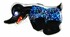 Schwarzer DTS PIN in Entenform mit blauem Pl�sch-Muster, wei�en Augen und orangefarbenem Schnabel.