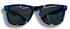 Sonnenbrille mit blau-gr�n-schwarz-wei�em Muster und dunklen Gl�sern.